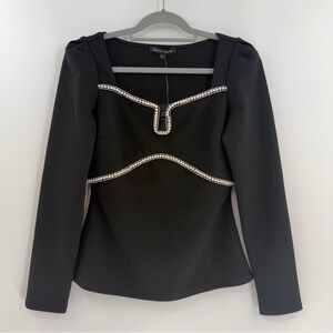 Boston Proper Pearl Rhinestone Sweetheart Notch Top Black S NWT